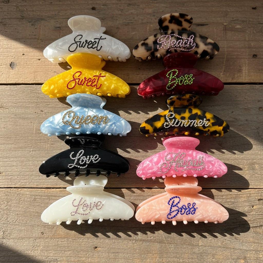 Aangepaste logo persoonlijkheid kleurrijke strass acetaat haarklauwclips voor dames meisjes